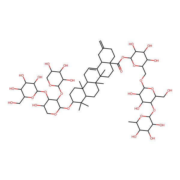2D Structure of 3-O-beta-D-glucopyranosyl-(1->3)-[beta-D-xylopyranosyl-(1->2)]-alpha-L-arabinopyranosyl-28-O-[alpha-L-rhamnopyranosyl-(1->4)-beta-D-glucopyranosyl-(1->6)-beta-D-glucopyranosyl]-3beta-hydroxy-30-norolean-12,20(29)-dien-28-oic acid