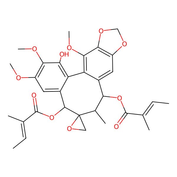 2D Structure of [(8S,9S,10R,11R)-3-hydroxy-4,5,19-trimethoxy-10-methyl-8-[(E)-2-methylbut-2-enoyl]oxyspiro[15,17-dioxatetracyclo[10.7.0.02,7.014,18]nonadeca-1(19),2,4,6,12,14(18)-hexaene-9,2'-oxirane]-11-yl] (E)-2-methylbut-2-enoate