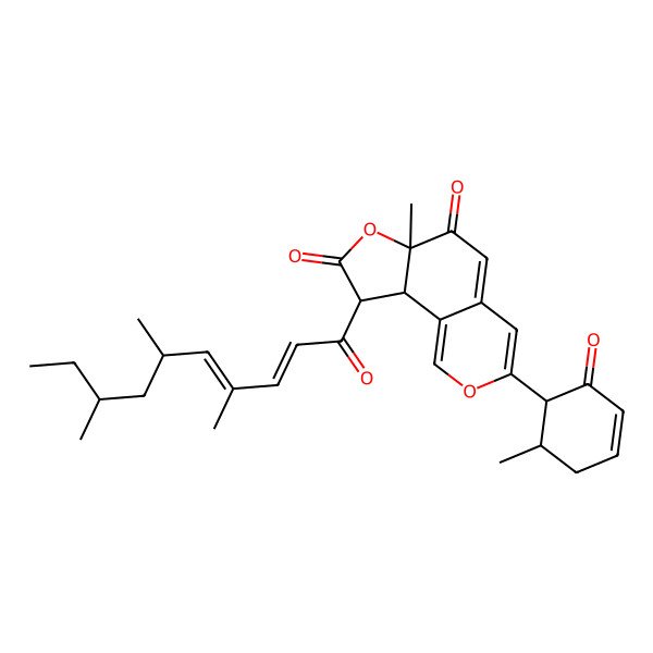 2D Structure of 6a-Methyl-3-(6-methyl-2-oxocyclohex-3-en-1-yl)-9-(4,6,8-trimethyldeca-2,4-dienoyl)-9,9a-dihydrofuro[2,3-h]isochromene-6,8-dione
