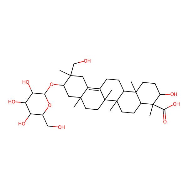 2D Structure of (3S,4R,4aR,6aR,6bS,8aS,10R,11S,14aR,14bR)-3-hydroxy-11-(hydroxymethyl)-4,6a,6b,8a,11,14b-hexamethyl-10-[(2R,3R,4S,5S,6R)-3,4,5-trihydroxy-6-(hydroxymethyl)oxan-2-yl]oxy-1,2,3,4a,5,6,7,8,9,10,12,13,14,14a-tetradecahydropicene-4-carboxylic acid