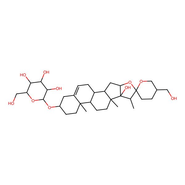 2D Structure of (2R,3R,4S,5R,6R)-2-[(1R,2S,4S,5'S,6R,7S,8S,9S,12S,13R,16S)-8-hydroxy-5'-(hydroxymethyl)-7,9,13-trimethylspiro[5-oxapentacyclo[10.8.0.02,9.04,8.013,18]icos-18-ene-6,2'-oxane]-16-yl]oxy-6-(hydroxymethyl)oxane-3,4,5-triol