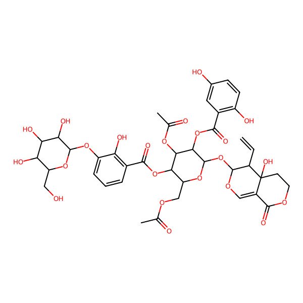 2D Structure of [(2R,3R,4S,5R,6S)-4-acetyloxy-2-(acetyloxymethyl)-6-[[(3S,4R,4aR)-4-ethenyl-4a-hydroxy-8-oxo-3,4,5,6-tetrahydropyrano[3,4-c]pyran-3-yl]oxy]-5-(2,5-dihydroxybenzoyl)oxyoxan-3-yl] 2-hydroxy-3-[(2S,3R,4S,5S,6R)-3,4,5-trihydroxy-6-(hydroxymethyl)oxan-2-yl]oxybenzoate
