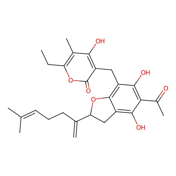 2D Structure of 3-[[(2R)-5-acetyl-4,6-dihydroxy-2-(6-methylhepta-1,5-dien-2-yl)-2,3-dihydro-1-benzofuran-7-yl]methyl]-6-ethyl-4-hydroxy-5-methylpyran-2-one