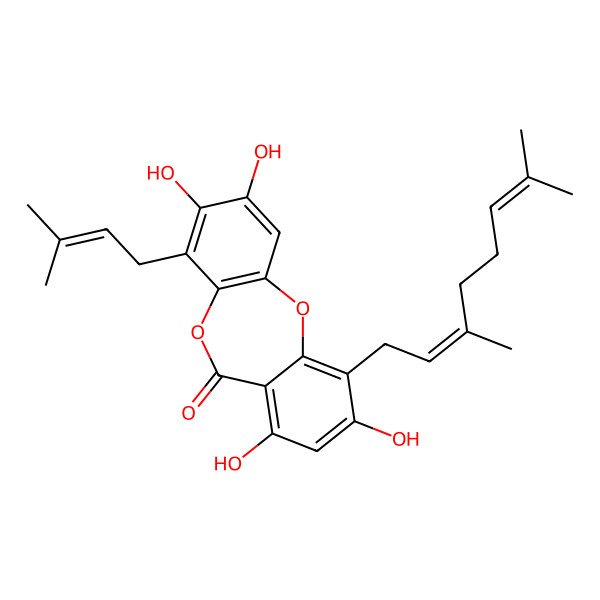 2D Structure of 10-[(2E)-3,7-dimethylocta-2,6-dienyl]-2,3,7,9-tetrahydroxy-4-(3-methylbut-2-enyl)benzo[b][1,4]benzodioxepin-6-one