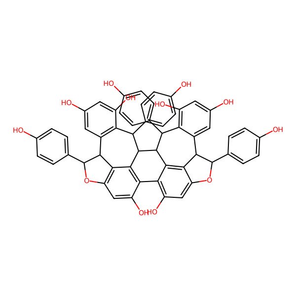 2D Structure of (1R,2R,3R,10R,11R,22R,23R,30R)-3,11,22,30-tetrakis(4-hydroxyphenyl)-12,21-dioxanonacyclo[18.10.2.213,16.02,15.04,9.010,14.017,31.023,32.024,29]tetratriaconta-4(9),5,7,13,15,17(31),18,20(32),24(29),25,27,33-dodecaene-5,7,18,26,28,33-hexol
