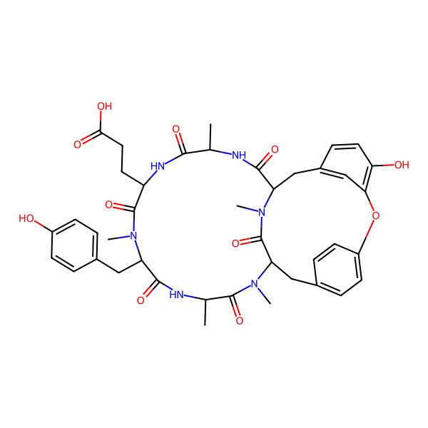 2D Structure of 3-[24-Hydroxy-10-[(4-hydroxyphenyl)methyl]-4,9,13,15,29-pentamethyl-2,5,8,11,14,30-hexaoxo-22-oxa-3,6,9,12,15,29-hexazatetracyclo[14.12.2.218,21.123,27]tritriaconta-18,20,23,25,27(31),32-hexaen-7-yl]propanoic acid