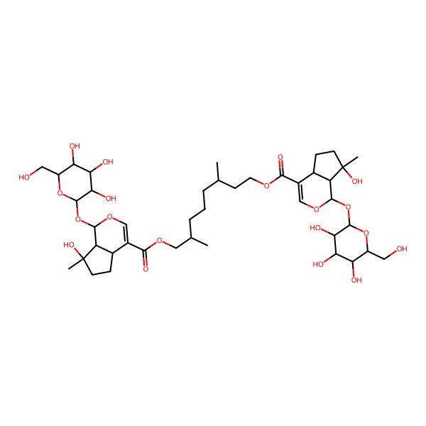 2D Structure of [8-[7-hydroxy-7-methyl-1-[3,4,5-trihydroxy-6-(hydroxymethyl)oxan-2-yl]oxy-4a,5,6,7a-tetrahydro-1H-cyclopenta[c]pyran-4-carbonyl]oxy-3,7-dimethyloctyl] 7-hydroxy-7-methyl-1-[3,4,5-trihydroxy-6-(hydroxymethyl)oxan-2-yl]oxy-4a,5,6,7a-tetrahydro-1H-cyclopenta[c]pyran-4-carboxylate