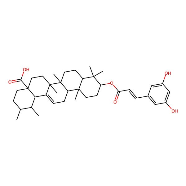 2D Structure of (1S,2R,4aS,6aR,6aS,6bR,8aR,10S,12aR,14bS)-10-[(E)-3-(3,5-dihydroxyphenyl)prop-2-enoyl]oxy-1,2,6a,6b,9,9,12a-heptamethyl-2,3,4,5,6,6a,7,8,8a,10,11,12,13,14b-tetradecahydro-1H-picene-4a-carboxylic acid