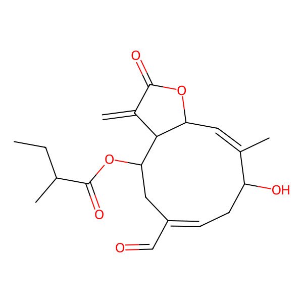 2D Structure of [(3aR,4R,6E,9R,10Z,11aR)-6-formyl-9-hydroxy-10-methyl-3-methylidene-2-oxo-3a,4,5,8,9,11a-hexahydrocyclodeca[b]furan-4-yl] (2R)-2-methylbutanoate