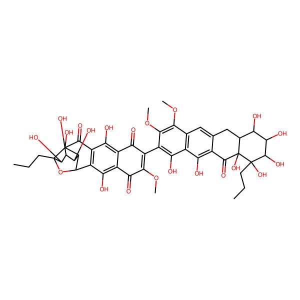 2D Structure of 15-(1,7,8,9,10,10a,12-heptahydroxy-3,4-dimethoxy-11-oxo-10-propyl-6a,7,8,9-tetrahydro-6H-tetracen-2-yl)-5,6,7,9,12,19-hexahydroxy-16-methoxy-4-propyl-3-oxapentacyclo[9.8.0.02,8.04,9.013,18]nonadeca-1(11),12,15,18-tetraene-10,14,17-trione