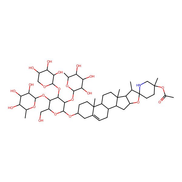 2D Structure of [(1S,2S,3'S,4S,6R,7S,8R,9S,12S,13R,16S)-16-[(2R,3R,4S,5R,6R)-6-(hydroxymethyl)-3,5-bis[[(2S,3R,4R,5R,6S)-3,4,5-trihydroxy-6-methyloxan-2-yl]oxy]-4-[(2S,3R,4S,5S)-3,4,5-trihydroxyoxan-2-yl]oxyoxan-2-yl]oxy-3',7,9,13-tetramethylspiro[5-oxapentacyclo[10.8.0.02,9.04,8.013,18]icos-18-ene-6,6'-piperidine]-3'-yl] acetate