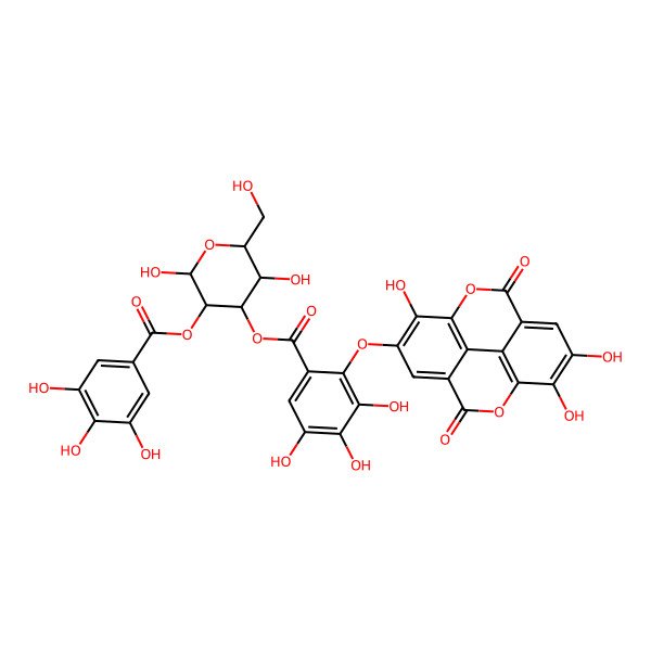 2D Structure of [(3R,5R,6R)-2,5-dihydroxy-6-(hydroxymethyl)-3-(3,4,5-trihydroxybenzoyl)oxyoxan-4-yl] 3,4,5-trihydroxy-2-[(7,13,14-trihydroxy-3,10-dioxo-2,9-dioxatetracyclo[6.6.2.04,16.011,15]hexadeca-1(15),4,6,8(16),11,13-hexaen-6-yl)oxy]benzoate