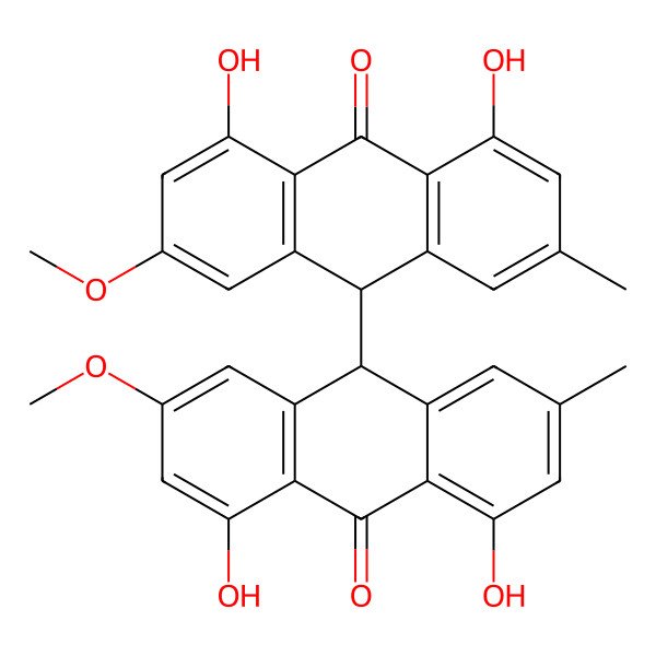 2D Structure of (10R)-10-[(9S)-4,5-dihydroxy-2-methoxy-7-methyl-10-oxo-9H-anthracen-9-yl]-1,8-dihydroxy-3-methoxy-6-methyl-10H-anthracen-9-one