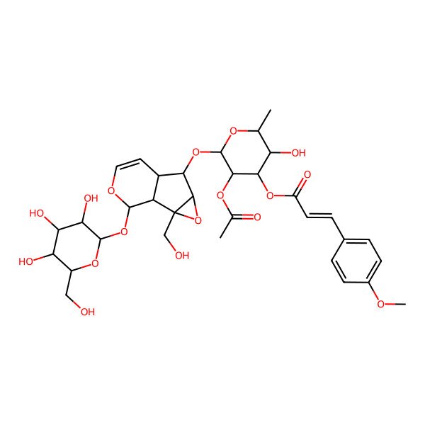 2D Structure of [3-Acetyloxy-5-hydroxy-2-[[2-(hydroxymethyl)-10-[3,4,5-trihydroxy-6-(hydroxymethyl)oxan-2-yl]oxy-3,9-dioxatricyclo[4.4.0.02,4]dec-7-en-5-yl]oxy]-6-methyloxan-4-yl] 3-(4-methoxyphenyl)prop-2-enoate