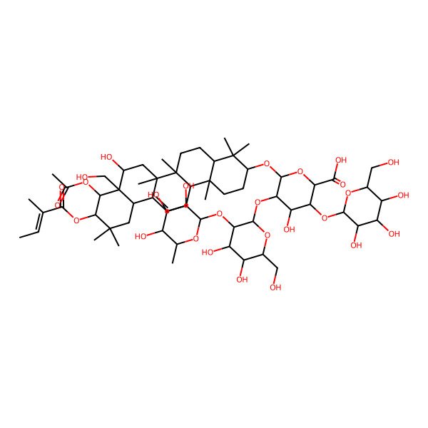 2D Structure of (2S,3S,4S,5R,6R)-6-[[(3S,4aR,6aR,6bS,8R,8aR,9R,10R,12aS,14aR,14bR)-9-acetyloxy-8-hydroxy-8a-(hydroxymethyl)-4,4,6a,6b,11,11,14b-heptamethyl-10-[(E)-2-methylbut-2-enoyl]oxy-1,2,3,4a,5,6,7,8,9,10,12,12a,14,14a-tetradecahydropicen-3-yl]oxy]-5-[(2S,3R,4S,5R,6R)-4,5-dihydroxy-6-(hydroxymethyl)-3-[(2S,3R,4R,5R,6S)-3,4,5-trihydroxy-6-methyloxan-2-yl]oxyoxan-2-yl]oxy-4-hydroxy-3-[(2S,3R,4S,5S,6R)-3,4,5-trihydroxy-6-(hydroxymethyl)oxan-2-yl]oxyoxane-2-carboxylic acid