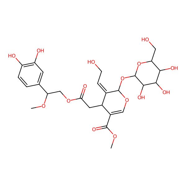 2D Structure of methyl (4S,5E,6S)-4-[2-[(2S)-2-(3,4-dihydroxyphenyl)-2-methoxyethoxy]-2-oxoethyl]-5-(2-hydroxyethylidene)-6-[(2S,3R,4S,5S,6R)-3,4,5-trihydroxy-6-(hydroxymethyl)oxan-2-yl]oxy-4H-pyran-3-carboxylate