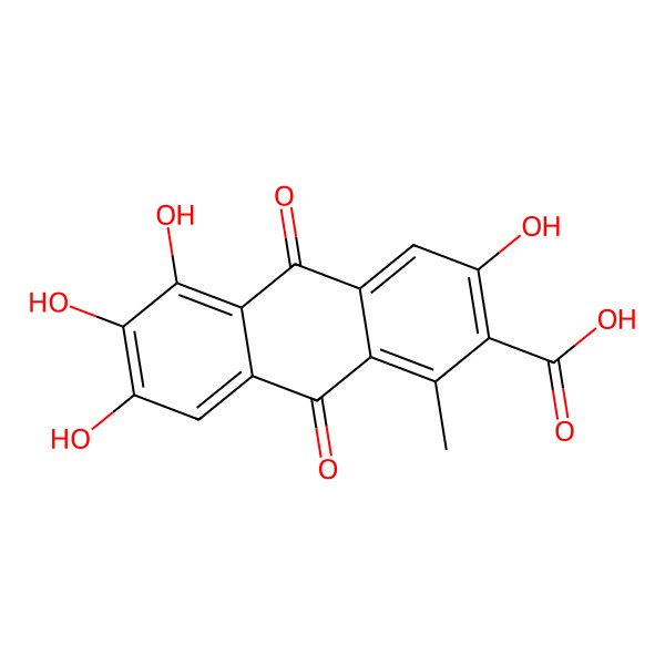 2D Structure of 3,5,6,7-Tetrahydroxy-1-methyl-9,10-dioxoanthracene-2-carboxylic acid