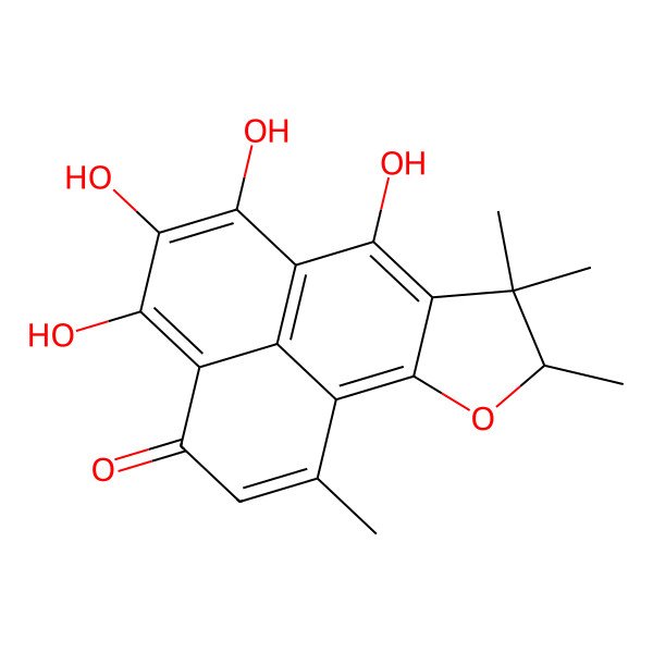 2D Structure of 3,5,6,7-Tetrahydroxy-1,8,8,9-tetramethyl-9H-phenaleno(1,2-b)furan-4-one