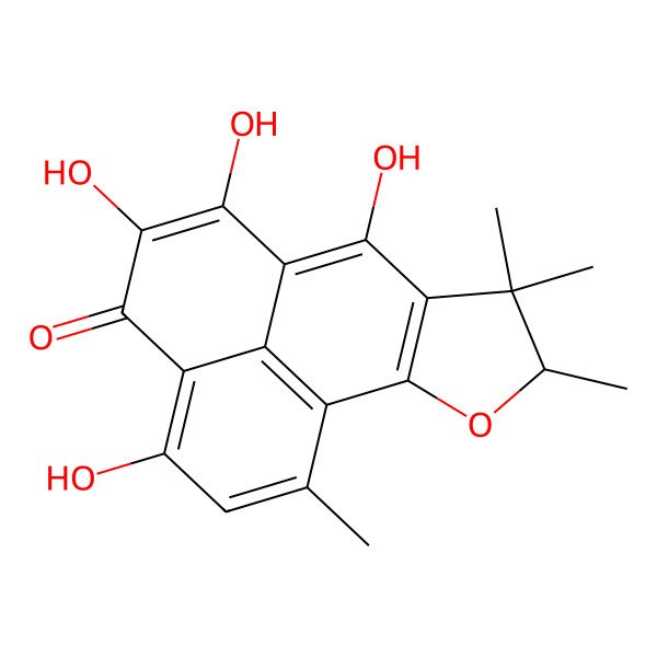 2D Structure of 3,5,6,7-tetrahydroxy-1,8,8,9-tetramethyl-9H-phenaleno[1,2-b]furan-4-one