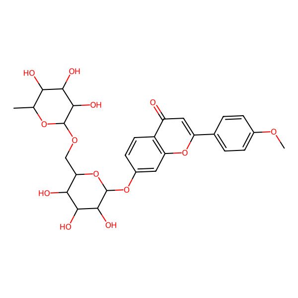 2D Structure of 2-(4-methoxyphenyl)-7-[(2S,3R,4S,5S,6R)-3,4,5-trihydroxy-6-[[(2S,3R,4R,5R,6S)-3,4,5-trihydroxy-6-methyloxan-2-yl]oxymethyl]oxan-2-yl]oxychromen-4-one