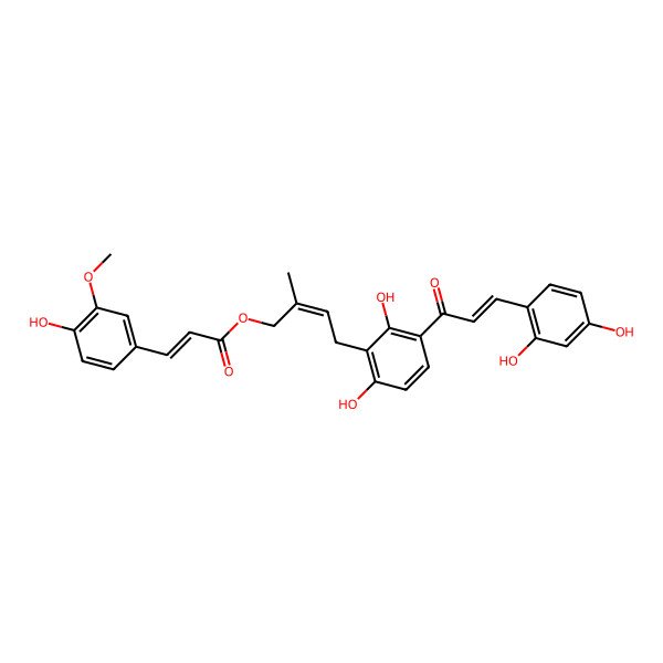 2D Structure of [4-[3-[3-(2,4-Dihydroxyphenyl)prop-2-enoyl]-2,6-dihydroxyphenyl]-2-methylbut-2-enyl] 3-(4-hydroxy-3-methoxyphenyl)prop-2-enoate