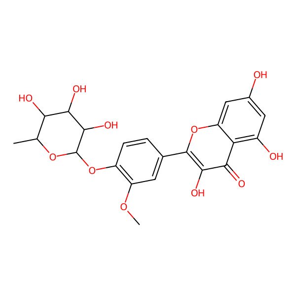 2D Structure of 3,5,7-trihydroxy-2-[3-methoxy-4-[(3S,5R)-3,4,5-trihydroxy-6-methyloxan-2-yl]oxyphenyl]chromen-4-one