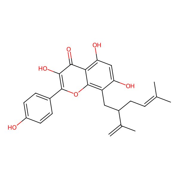 2D Structure of 3,5,7-trihydroxy-2-(4-hydroxyphenyl)-8-[(2S)-5-methyl-2-prop-1-en-2-ylhex-4-enyl]chromen-4-one