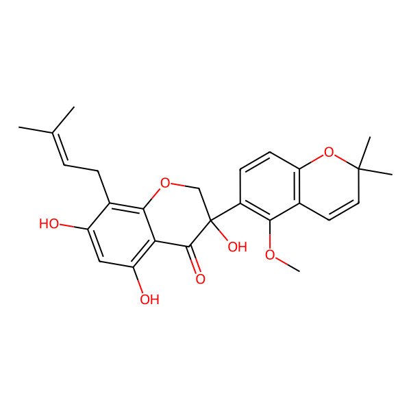 2D Structure of 3,5,7-trihydroxy-3-(5-methoxy-2,2-dimethylchromen-6-yl)-8-(3-methylbut-2-enyl)-2H-chromen-4-one