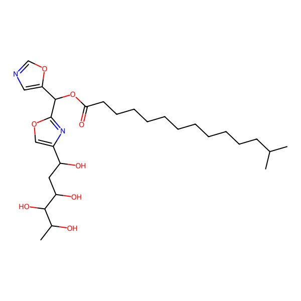 2D Structure of [1,3-Oxazol-5-yl-[4-[(1R,3S,4R,5S)-1,3,4,5-tetrahydroxyhexyl]-1,3-oxazol-2-yl]methyl] 13-methyltetradecanoate