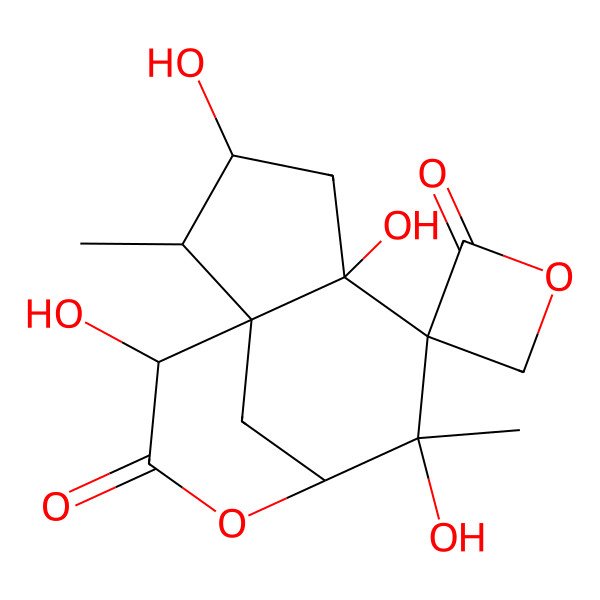 2D Structure of 3,5,7,11-Tetrahydroxy-2,7-dimethylspiro[9-oxatricyclo[6.3.1.01,5]dodecane-6,3'-oxetane]-2',10-dione