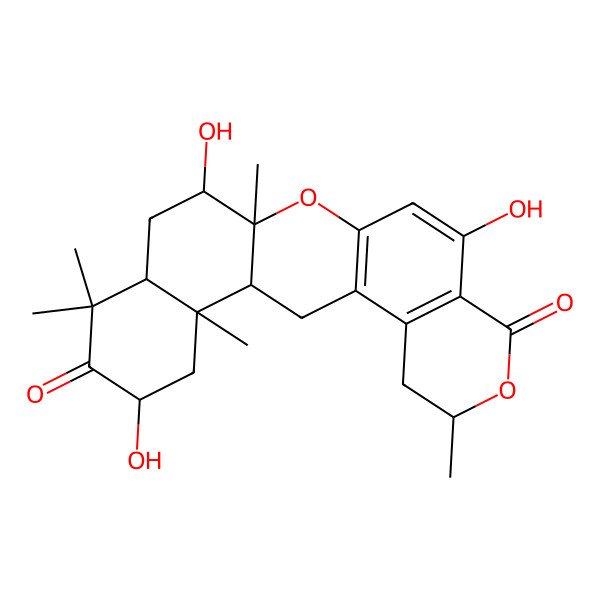 2D Structure of 10,15,20-Trihydroxy-6,14,18,18,22-pentamethyl-7,13-dioxapentacyclo[12.8.0.03,12.04,9.017,22]docosa-3(12),4(9),10-triene-8,19-dione