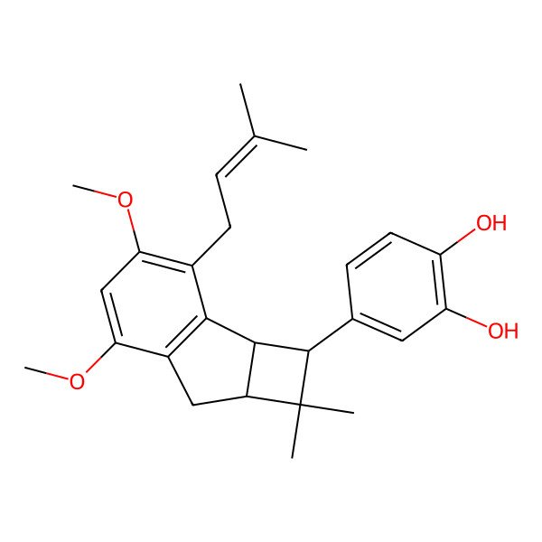 2D Structure of 4-[4,6-Dimethoxy-1,1-dimethyl-3-(3-methylbut-2-enyl)-2,2a,7,7a-tetrahydrocyclobuta[a]inden-2-yl]benzene-1,2-diol