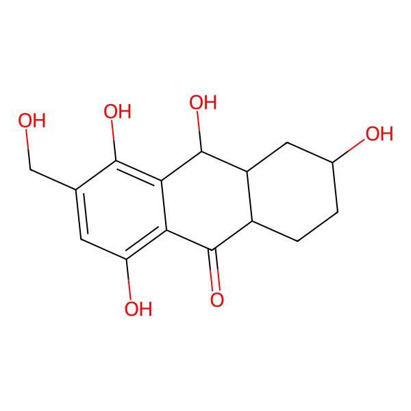 2D Structure of 3,5,8,10-tetrahydroxy-6-(hydroxymethyl)-2,3,4,4a,9a,10-hexahydro-1H-anthracen-9-one