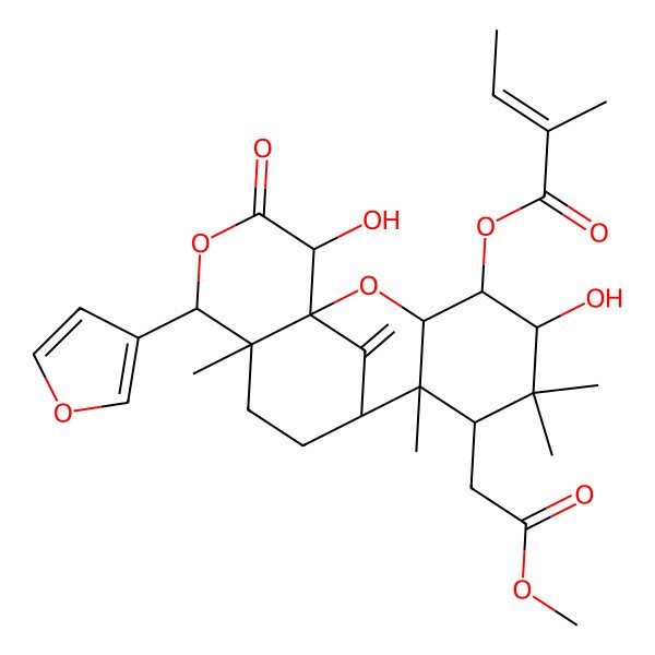 2D Structure of [13-(Furan-3-yl)-5,16-dihydroxy-7-(2-methoxy-2-oxoethyl)-6,6,8,12-tetramethyl-17-methylidene-15-oxo-2,14-dioxatetracyclo[7.7.1.01,12.03,8]heptadecan-4-yl] 2-methylbut-2-enoate