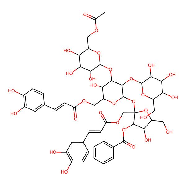 2D Structure of [(2S,3S,4R,5R)-2-[(2R,3R,4S,5R,6R)-4-[(2S,3R,4S,5S,6R)-6-(acetyloxymethyl)-3,4,5-trihydroxyoxan-2-yl]oxy-6-[[(E)-3-(3,4-dihydroxyphenyl)prop-2-enoyl]oxymethyl]-5-hydroxy-3-[(2S,3R,4S,5S,6R)-3,4,5-trihydroxy-6-(hydroxymethyl)oxan-2-yl]oxyoxan-2-yl]oxy-2-[[(E)-3-(3,4-dihydroxyphenyl)prop-2-enoyl]oxymethyl]-4-hydroxy-5-(hydroxymethyl)oxolan-3-yl] benzoate
