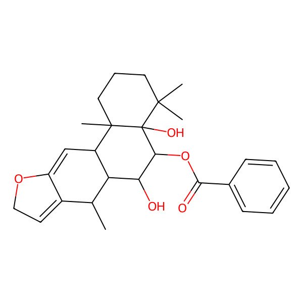 2D Structure of [(4aR,5R,6R,6aS,7R,11aR,11bR)-4a,6-dihydroxy-4,4,7,11b-tetramethyl-2,3,5,6,6a,7,9,11a-octahydro-1H-naphtho[2,1-f][1]benzofuran-5-yl] benzoate