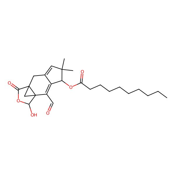 2D Structure of (2-Formyl-12-hydroxy-5,5-dimethyl-10-oxo-11-oxatetracyclo[7.3.1.01,9.03,7]trideca-2,6-dien-4-yl) decanoate