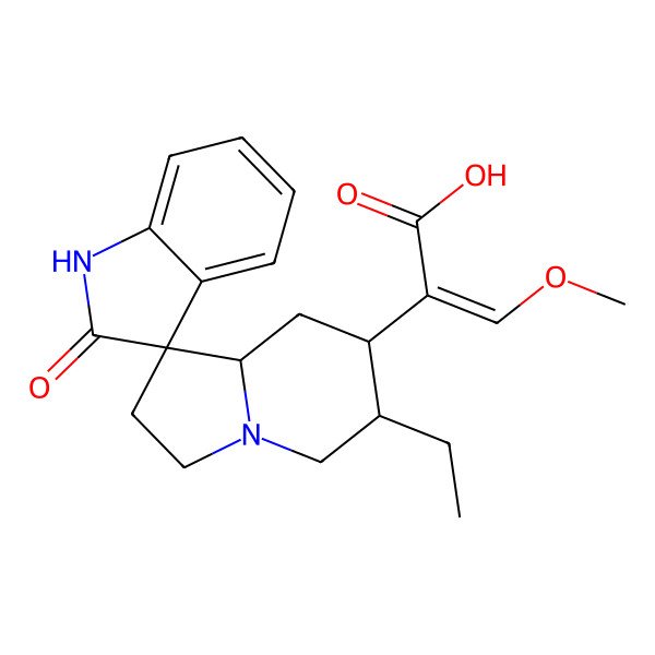 2D Structure of 2-(6'-ethyl-2-oxospiro[1H-indole-3,1'-3,5,6,7,8,8a-hexahydro-2H-indolizine]-7'-yl)-3-methoxyprop-2-enoic acid