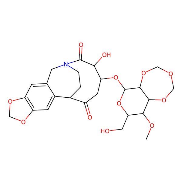 2D Structure of (1S,14S,15R)-15-[[(5aR,6R,8R,9R,9aS)-8-(hydroxymethyl)-9-methoxy-6,8,9,9a-tetrahydro-5aH-pyrano[3,4-f][1,3,5]trioxepin-6-yl]oxy]-14-hydroxy-5,7-dioxa-12-azatetracyclo[10.5.2.02,10.04,8]nonadeca-2,4(8),9-triene-13,17-dione