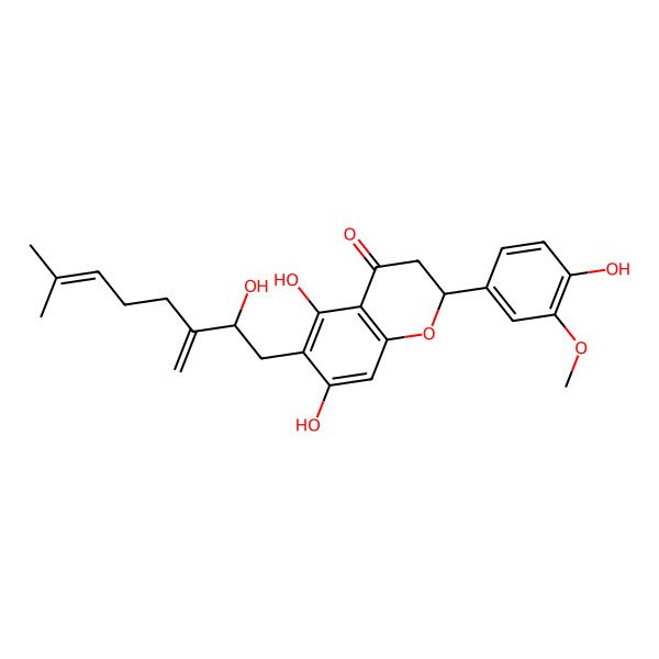 2D Structure of (2S)-5,7-dihydroxy-2-(4-hydroxy-3-methoxyphenyl)-6-(2-hydroxy-7-methyl-3-methylideneoct-6-enyl)-2,3-dihydrochromen-4-one