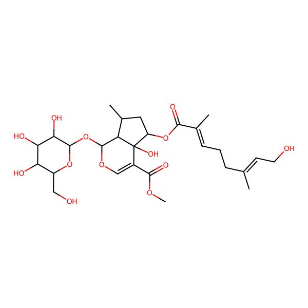 2D Structure of methyl 4a-hydroxy-5-(8-hydroxy-2,6-dimethylocta-2,6-dienoyl)oxy-7-methyl-1-[3,4,5-trihydroxy-6-(hydroxymethyl)oxan-2-yl]oxy-5,6,7,7a-tetrahydro-1H-cyclopenta[c]pyran-4-carboxylate