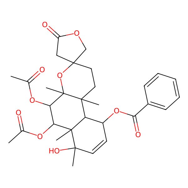 2D Structure of (5,6-Diacetyloxy-7-hydroxy-4a,6a,7,10b-tetramethyl-2'-oxospiro[1,2,5,6,10,10a-hexahydrobenzo[f]chromene-3,4'-oxolane]-10-yl) benzoate
