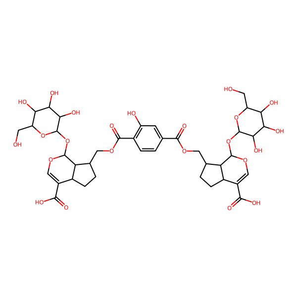 2D Structure of 7-[[4-[[4-Carboxy-1-[3,4,5-trihydroxy-6-(hydroxymethyl)oxan-2-yl]oxy-1,4a,5,6,7,7a-hexahydrocyclopenta[c]pyran-7-yl]methoxycarbonyl]-3-hydroxybenzoyl]oxymethyl]-1-[3,4,5-trihydroxy-6-(hydroxymethyl)oxan-2-yl]oxy-1,4a,5,6,7,7a-hexahydrocyclopenta[c]pyran-4-carboxylic acid