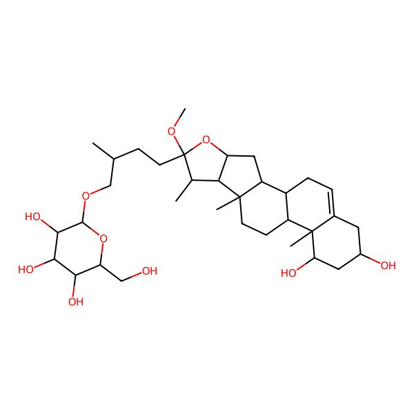 2D Structure of (2R,3R,4S,5S,6R)-2-[(2S)-4-[(1S,2S,4S,6R,7S,8R,9S,12S,13R,14R,16R)-14,16-dihydroxy-6-methoxy-7,9,13-trimethyl-5-oxapentacyclo[10.8.0.02,9.04,8.013,18]icos-18-en-6-yl]-2-methylbutoxy]-6-(hydroxymethyl)oxane-3,4,5-triol