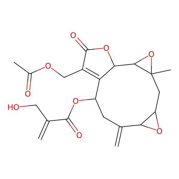2D Structure of [13-(Acetyloxymethyl)-4-methyl-9-methylidene-14-oxo-3,7,15-trioxatetracyclo[10.3.0.02,4.06,8]pentadec-12-en-11-yl] 2-(hydroxymethyl)prop-2-enoate
