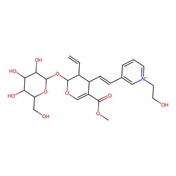 2D Structure of methyl (2S,3R,4S)-3-ethenyl-4-[(E)-2-[1-(2-hydroxyethyl)pyridin-1-ium-3-yl]ethenyl]-2-[(2S,3R,4S,5S,6R)-3,4,5-trihydroxy-6-(hydroxymethyl)oxan-2-yl]oxy-3,4-dihydro-2H-pyran-5-carboxylate