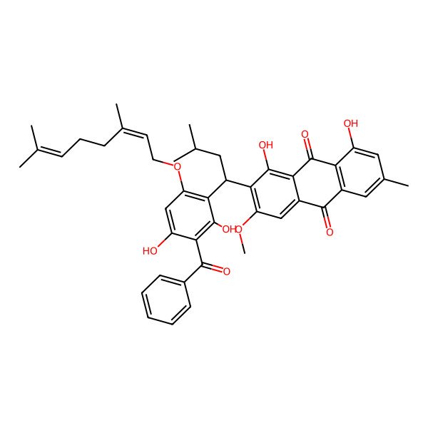 2D Structure of 2-[(1R)-1-[3-benzoyl-6-[(2E)-3,7-dimethylocta-2,6-dienoxy]-2,4-dihydroxyphenyl]-3-methylbutyl]-1,8-dihydroxy-3-methoxy-6-methylanthracene-9,10-dione