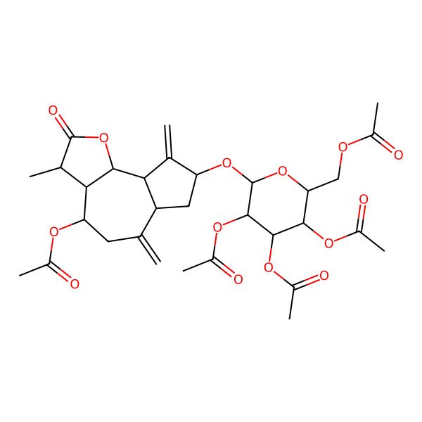 2D Structure of [(2R,3R,4S,5R,6R)-6-[[(3S,3aR,4S,6aR,8S,9aR,9bR)-4-acetyloxy-3-methyl-6,9-dimethylidene-2-oxo-3a,4,5,6a,7,8,9a,9b-octahydro-3H-azuleno[4,5-b]furan-8-yl]oxy]-3,4,5-triacetyloxyoxan-2-yl]methyl acetate