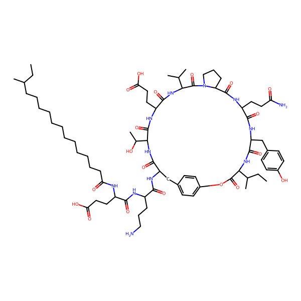 2D Structure of 5-[[5-Amino-1-[[10-(3-amino-3-oxopropyl)-4-butan-2-yl-22-(2-carboxyethyl)-25-(1-hydroxyethyl)-7-[(4-hydroxyphenyl)methyl]-3,6,9,12,18,21,24,27-octaoxo-19-propan-2-yl-2-oxa-5,8,11,17,20,23,26-heptazatricyclo[28.2.2.013,17]tetratriaconta-1(33),30(34),31-trien-28-yl]amino]-1-oxopentan-2-yl]amino]-4-(14-methylhexadecanoylamino)-5-oxopentanoic acid