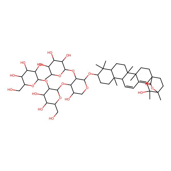 2D Structure of (1R,4R,5R,8S,10R,13R,14S,19R,20R)-10-[(2R,3S,4S,5S)-4-[(2S,3S,4R,5R,6S)-4,5-dihydroxy-6-(hydroxymethyl)-3-[(2R,3R,4S,5S,6R)-3,4,5-trihydroxy-6-(hydroxymethyl)oxan-2-yl]oxyoxan-2-yl]oxy-5-hydroxy-3-[(2R,3R,4R,5R,6S)-3,4,5-trihydroxy-6-methyloxan-2-yl]oxyoxan-2-yl]oxy-19-hydroxy-4,5,9,9,13,19,20-heptamethyl-21-oxahexacyclo[18.2.2.01,18.04,17.05,14.08,13]tetracosa-15,17-dien-22-one